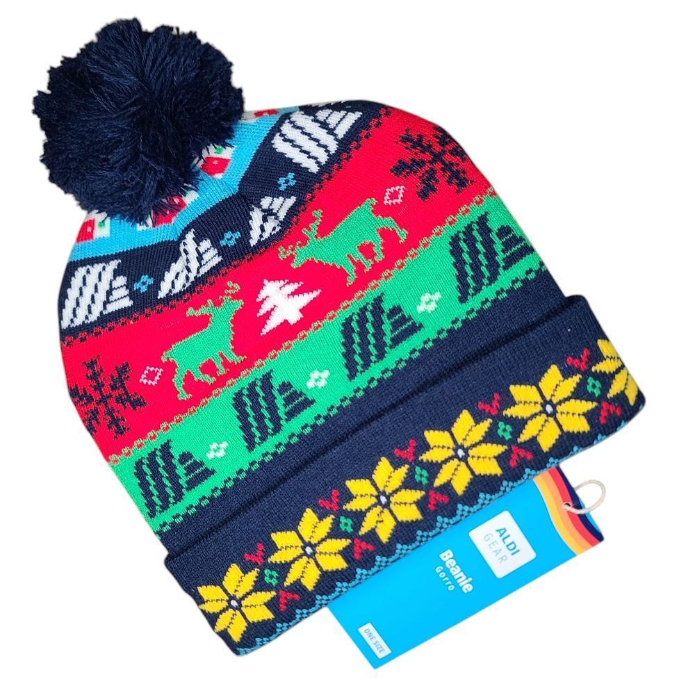 ALDI 2023 Festive Winter Pom Beanie Hat with Nordic Reindeer & Snowflake Pattern